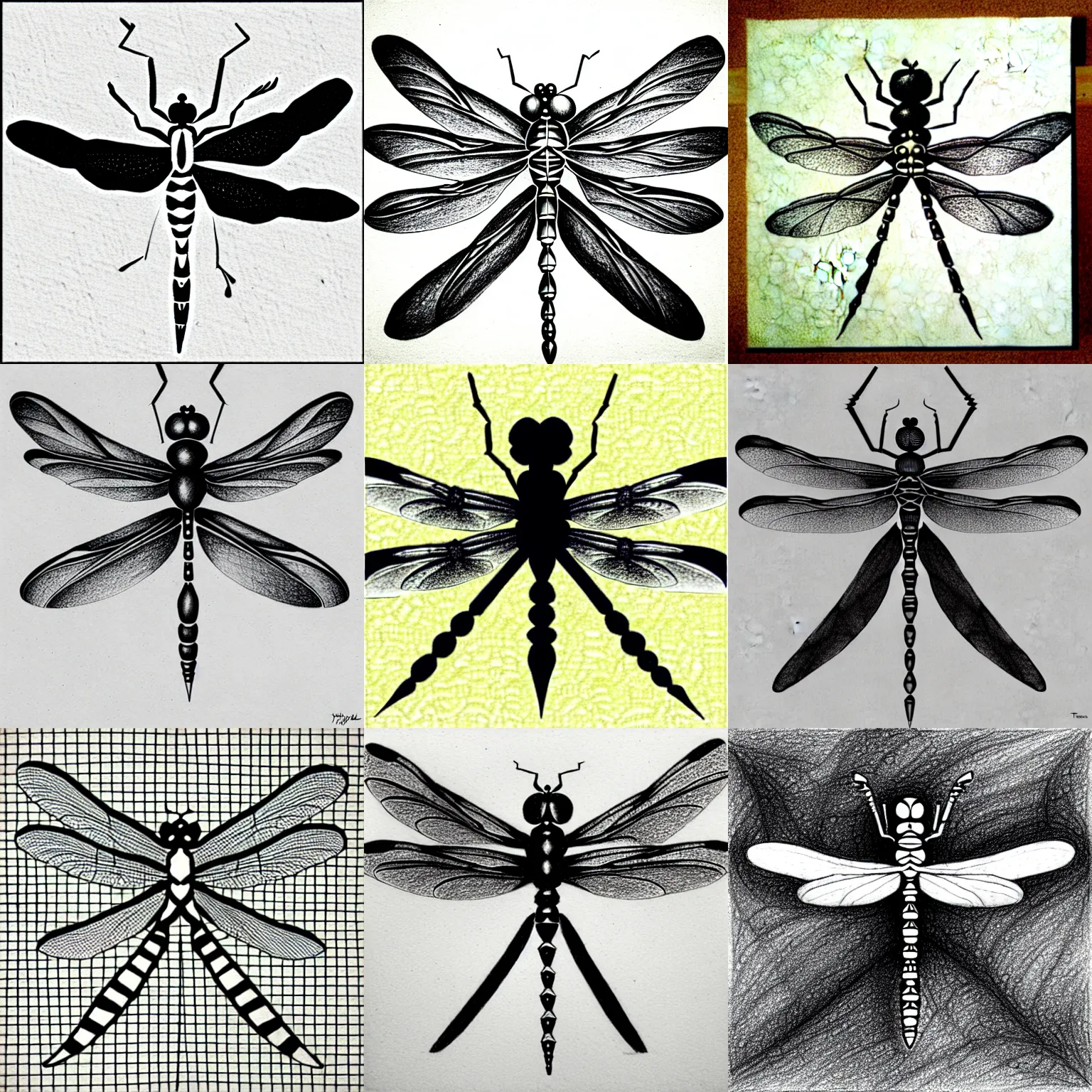 Prompt: tiling texture of pencil drawing of a dragonfly mc escher