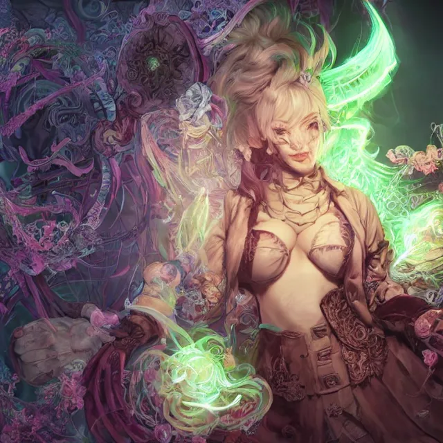 Prompt: the portrait of chaotic evil female necromancer mastermind as absurdly beautiful, gorgeous, elegant, av idol, an ultrafine hyperdetailed illustration by kim jung gi, irakli nadar, intricate linework, bright colors, octopath traveler, final fantasy, unreal engine 5 highly rendered, global illumination, radiant light, detailed and intricate environment