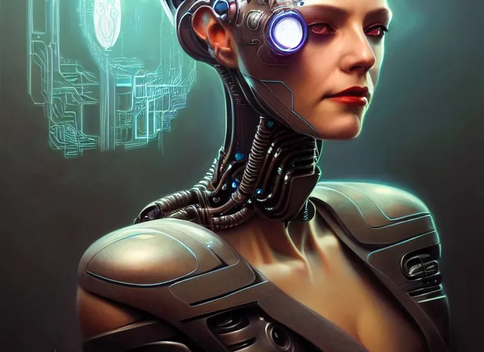 Prompt: portrait shot of a cyberpunk robot woman, intricate, elegant, highly detailed, centered, digital painting, artstation, concept art, smooth, sharp focus, illustration, artgerm, tomasz alen kopera, peter mohrbacher, donato giancola, joseph christian leyendecker, wlop, boris vallejo