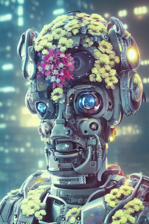 Prompt: a painting of a robot with flowers in his face, cyberpunk art by Mike Winkelmann, cgsociety, panfuturism, made of flowers, cryengine, prerendered graphics