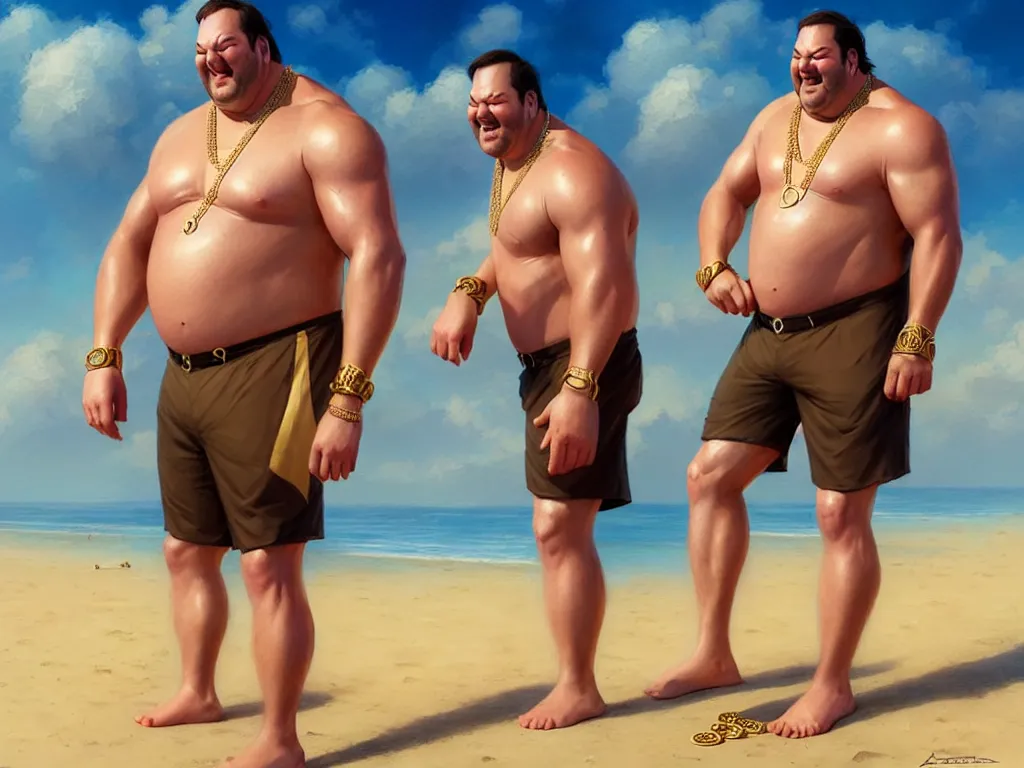 Prompt: super muscular kevin malone wearing cycling shorts and gold chains laying on the beach, elegant, real life skin, intricate, high detailed, artstation, concept art, smooth, sharp focus, art by artgerm and greg rutkowski