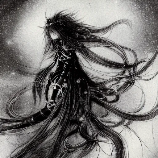 Image similar to yoshitaka amano blurred and dreamy illustration of an anime girl with black eyes, wavy white hair fluttering in the wind wearing elden ring armor and engraving, abstract black and white patterns on the background, noisy film grain effect, highly detailed, renaissance oil painting, weird portrait angle, blurred lost edges, three quarter view