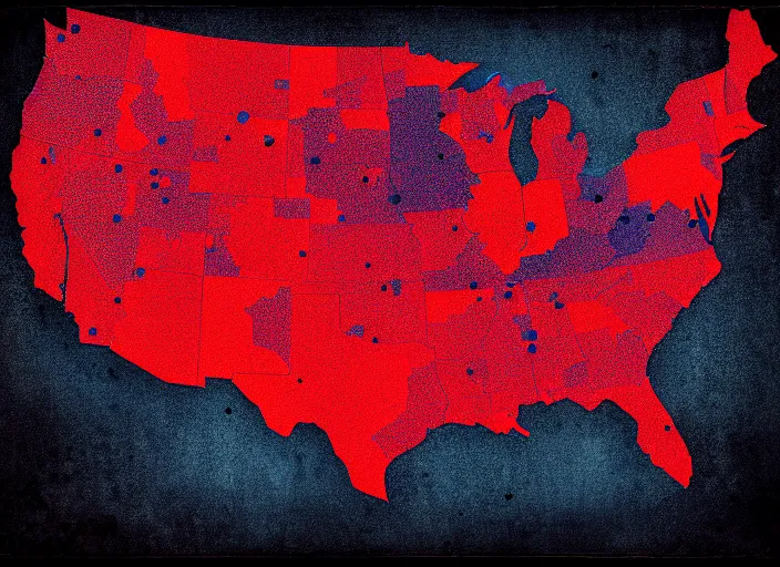 Image similar to map of united states in two raging fire, Mads Berg, Karolis Strautniekas,stippled light, dramatic lighting,fine texutre, editorial illustration,matte print, film noir, red+white+blue+dark organe+black,dynamic composition,moody, bauhaus