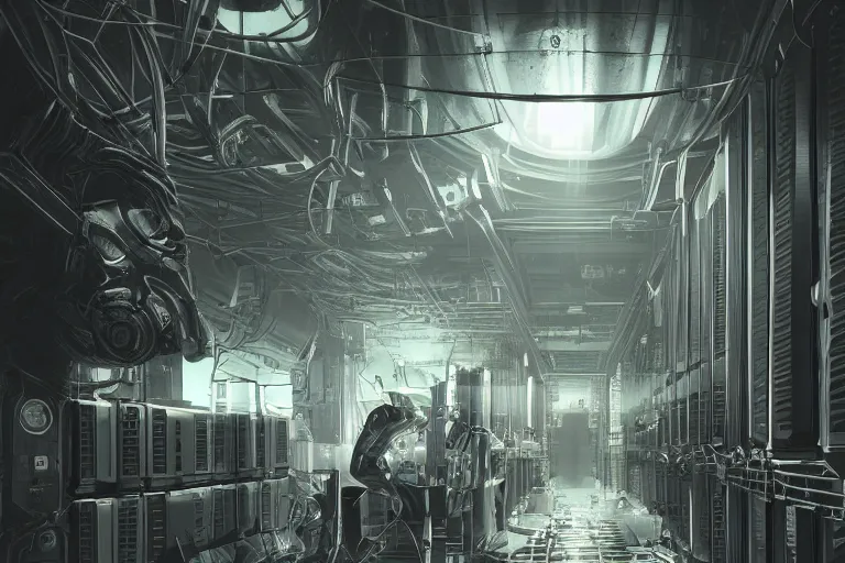 Image similar to parallax datacenter server room interior single mono colossus white rusty android robosaurus artstation cinematic detailed concept art volumetric light sharp coherent cgsociety symmetric perfect well balanced shadows lotr alien retrofuturism