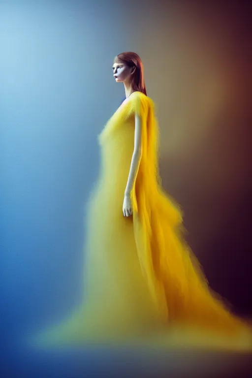 Image similar to a model wearing haute couture from valentino, macro photography, long exposure photograph, surrealism, anamorphic bokeh, cozy, soft light, yellow and blue, caustic, atmospheric fog, octane render, cinematic