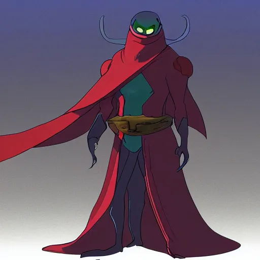 Image similar to concept art character with a vampire squid head and cape that is tall and thin character sheets that focuses on an ocean setting with help from lead artist Andy Suriano for a new episode of rise of the teenage mutant ninja turtles on nickelodeon that is trending on art station comic book dots with chromatic aberration