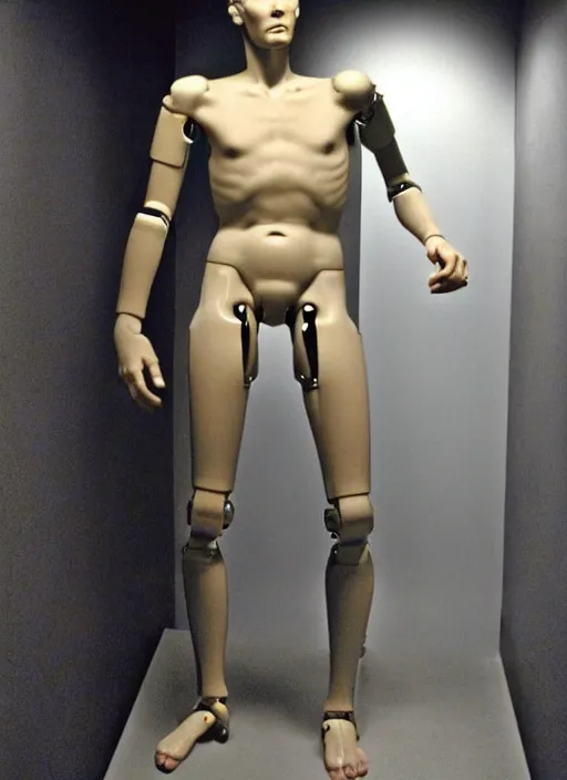 Image similar to a humanoid robot with an adult male human looking face is the statue david by michelangelo, polaroid, flash photography, photo taken in a dark storage room where you can see empty shelves in the background,