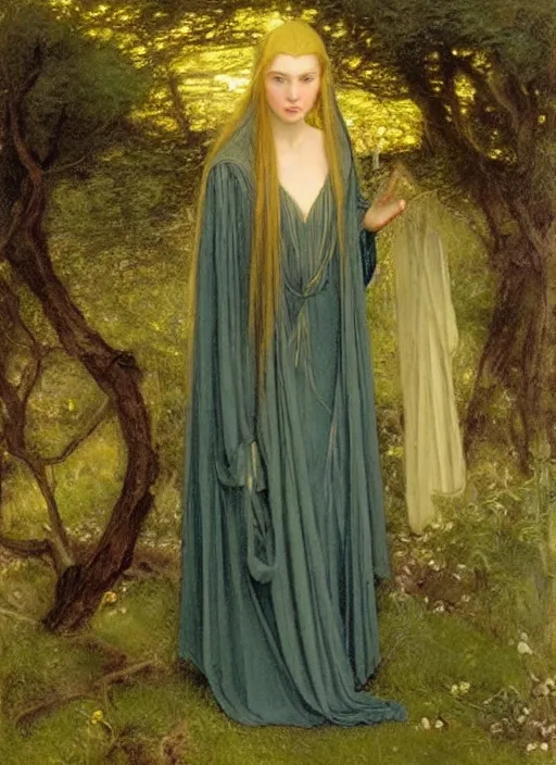 Image similar to a portrait of galadriel in lothlorien, by thomas cooper gotch and simeon solomon