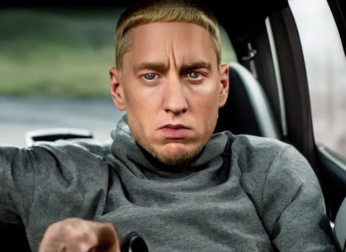 Prompt: a very high resolution image from a new movie, eminem in a car car. inside of a car. alone. mountains, directed by wes anderson