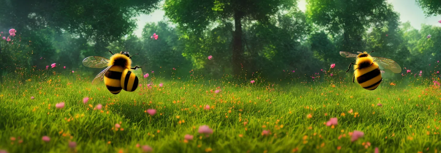 Image similar to large cute bee flying to crimson - black cute bee art school, in a beautiful forest meadow village landscape, flowers, happy trees, photorealistic, octane render, rtx, hdr, unreal engine, digital art widescreen 8 k, studio ghibli, disney, wlop