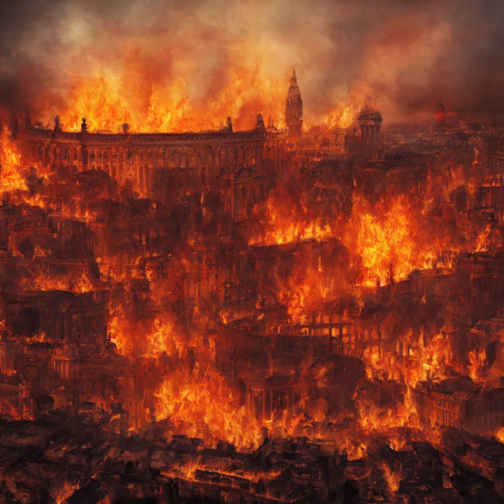 Image similar to painting of the great fire of rome, abstract, realism, 8 k, detailed, terror, octane render, 3 d render, complex, glow, cinematic, emotion