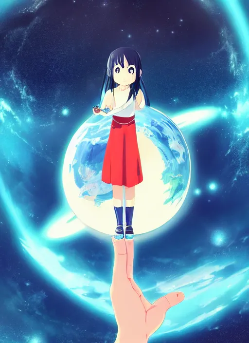 Image similar to a gigantic anime girl in outer space holding one single small blue planet in the palm of her hand. Anime, Makoto Shinkai, empty space, no planets, trending on ArtStation, digital art.