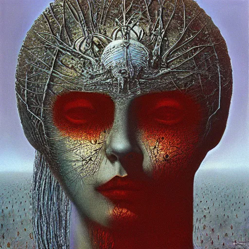 Image similar to the queen of the sun by zdzislaw beksinski and h. r. giger, oil on canvas