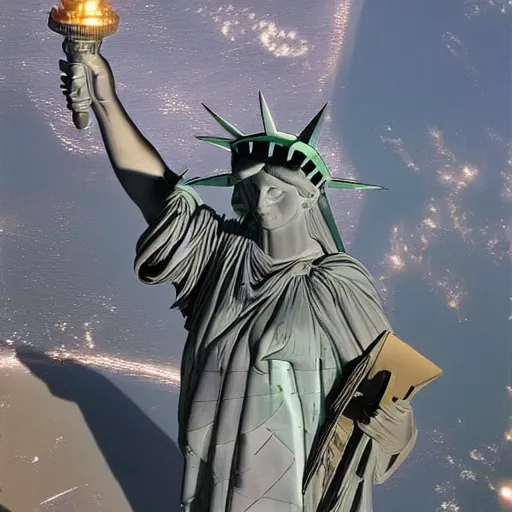 Image similar to The Statue of Liberty repurposed as a space station, cosmic sci fi