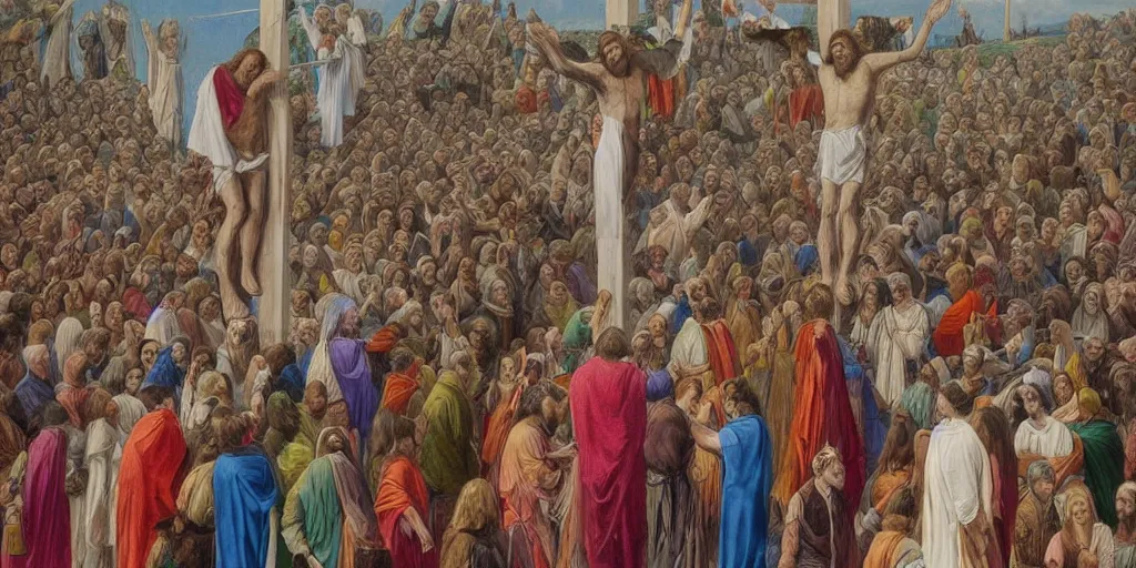 Prompt: highly detailed photograph at the crucifixion of Jesus Christ and the crowd is smiling and taking phone selfies