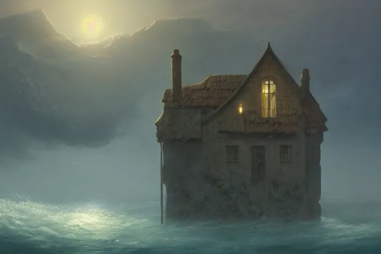 Image similar to submerged under the water of the ocean, a typical european house with a slate roof, submerged under the water of the ocean, school of fishes, scenic view, matte painting by christophe vacher and hubert robert, trending on artstation