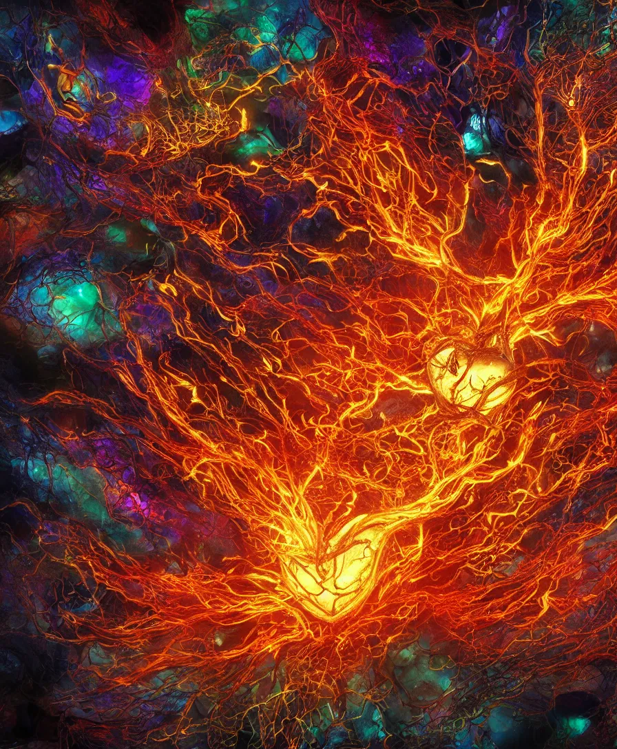 Prompt: hyper detailed 3 d render. realistic broken heart on fire tangled in psychedelic fungus. iridescent textures. highly detailed fantasy science fiction painting by vrubel and chris cunningham. dark and volumetric. artstation