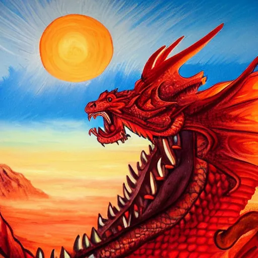 Prompt: a very detailed painting of a crimson dragon spitting out hot blue flames out of it's mouth while on top a mountain under the beautiful setting sun