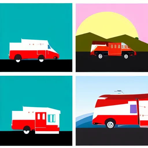 Image similar to very very very stylized minimal vector graphic of a thor chateau motorhome, highway, mountains and sunset!!, white background, all enclosed in a circle, dramatic, professional minimal graphic design cartoon, award winning