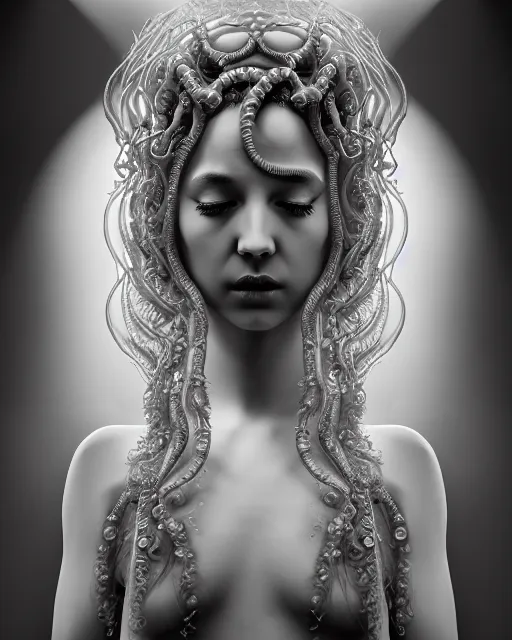 Image similar to surreal mythical dreamy underwater artistic black and white 3 d render of a translucent beautiful young female angelic - medusa - vegetal - doll, highly detailed, intricate crystal ivy jelly ornate, poetic, translucent algae ornate, digital art, octane render, 8 k artistic photography, photo - realistic, hg giger flora borsi