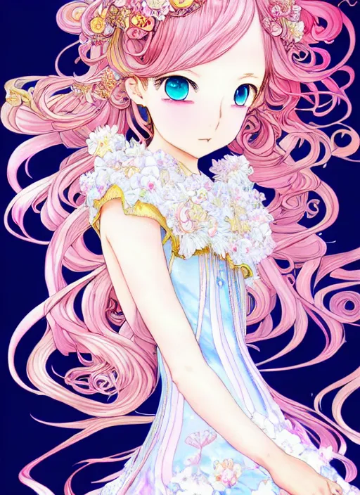 Image similar to exquisite imaginative manga poster of a fairy princess, fate grand order, long wavy hair, rococo ruffles dress, shimmering, by shigenori soejima, minaba hideo, katsuhiro otomo, jump comics, illustration, artstation, pixiv, dark fantastic, highly detailed, 8 k, fluorescent, fluorescent, maximalist