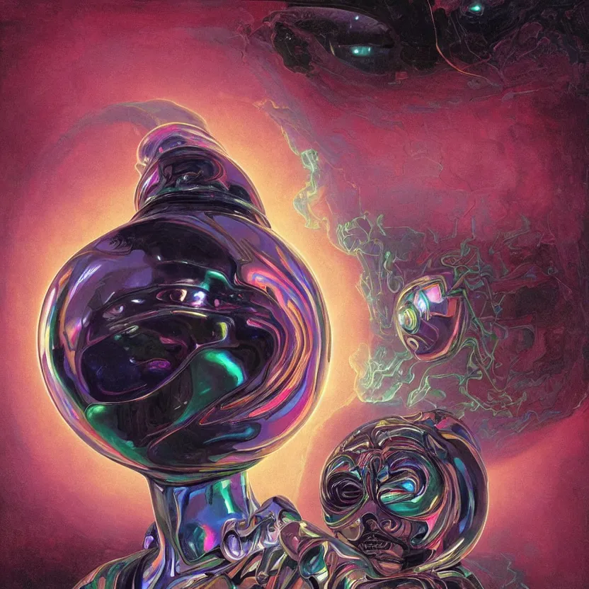 Prompt: a baroque neoclassicist sci - fi portrait of a colorful chrome marble being meditating with big glowing eyes. iridescent textures. glowing fog, black background. highly detailed fantasy science fiction painting by moebius, norman rockwell, frank frazetta, and syd mead. rich colors, high contrast, artstation