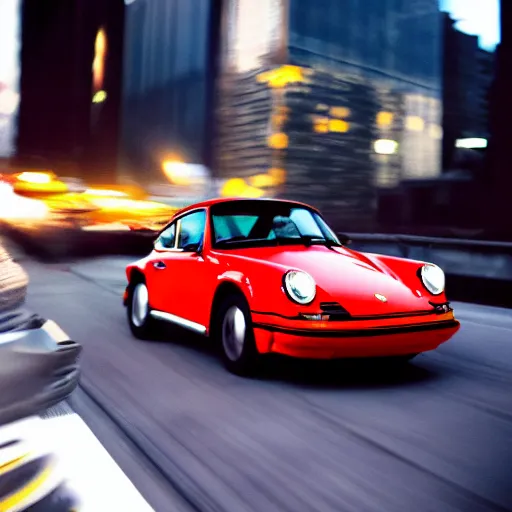 Prompt: photo of a porsche 9 1 1 9 6 4 speeding through nyc, cinematic, motion blur