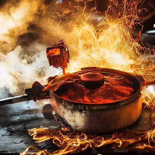 Image similar to red hot frying pan with bacon, tangles of metallic cables, dark messy smoke - filled cluttered workshop, dark, dramatic lighting, orange tint, sparks, plasma charges, cinematic, highly detailed, sci - fi, futuristic, movie still