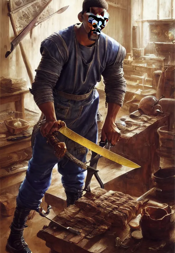 Prompt: hyper realistic will smith as a blacksmith making a sword painting by karl kopinski kim jung giu and weta studio, and lucasfilm and jesper ejsing and norman rockwell greg rutkowski frank frazzeta