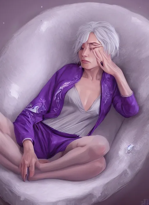 Image similar to a highly detailed illustration of beautiful silver haired woman wearing purple onesie floating on pillow, dramatic floating pose, sleepy expression, intricate, elegant, highly detailed, centered, digital painting, artstation, concept art, smooth, sharp focus, league of legends concept art, wlop