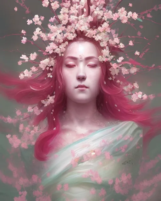 Prompt: Full View Portrait Mystical ethereal Cherry blossom deity made of Sakura blossoms wearing beautiful dress, Sakura Dryad made of Sakura beautiful dress with pink hair, 4k digital masterpiece by Greg Rutkowski and Ruan Jia and rossdraws, Alberto Seveso, fantasycore, Hyperdetailed, realistic oil on linen, soft lighting, Iconography background, featured on Artstation