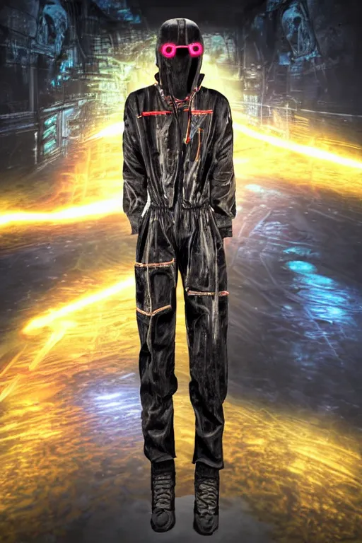 Prompt: photo of a steampunk jump suit, band merchandise, bandname is tripmachine, tourname is invasion of the tripmachines, realistic digital art, jump suit is textured with a 3 d render of a huge futuristic steampunk generator, 8 k, fluorescent colors, halluzinogenic, multicolored, exaggerated detailed, unreal engine