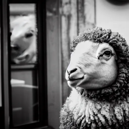 Prompt: award winning photo of a sheep at the barber shop bokeh f1.4 50mm