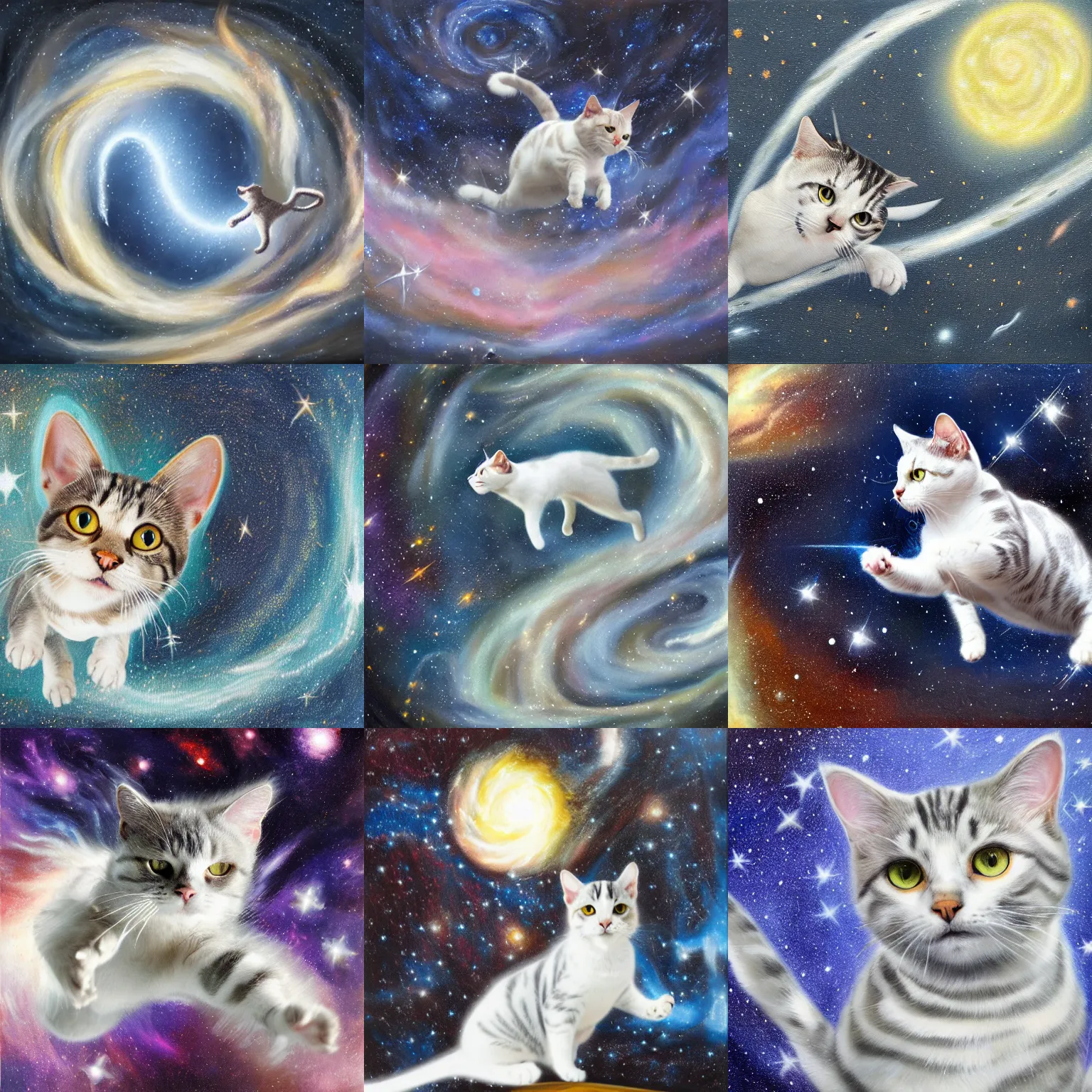 Prompt: oil painting of a white and grey tabby cat flying in front of a swirling galaxy, shimmering stars, milky way