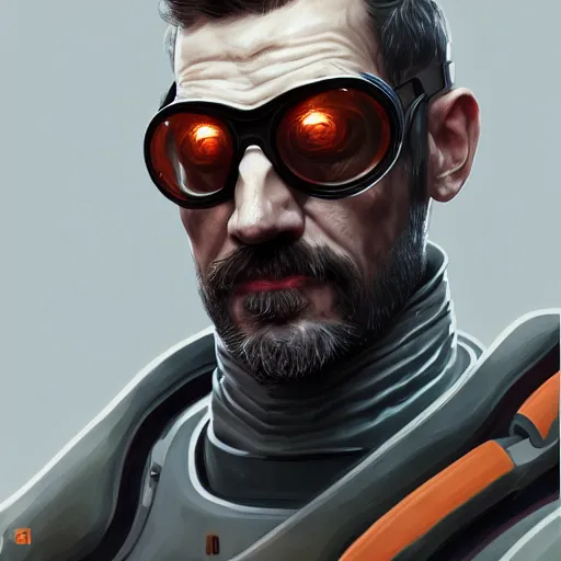 Image similar to portrait of gordon freeman wearing hev suit, sci - fi, intricate, elegant, highly detailed, digital painting, artstation, concept art, smooth, sharp focus, illustration, by bartek fedyczak, erak note, tooth wu, neil richards, kan liu, siwoo kim, jisu choe