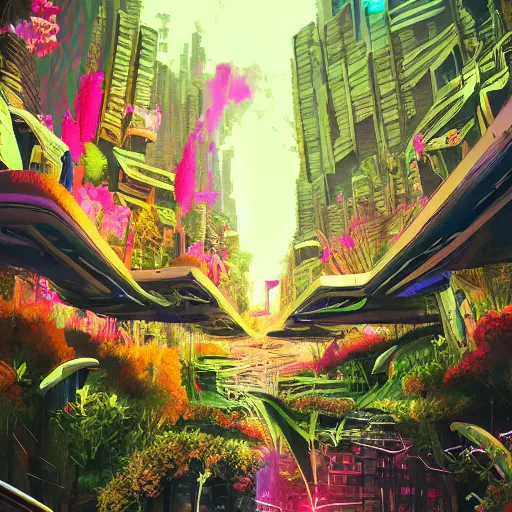 Image similar to forest and flower city, cyberpunk, futuristic, vivid colors, utopia by alayna danner and dang my linh