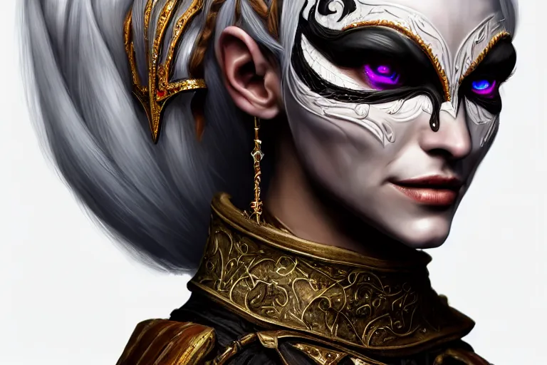 Image similar to a full portrait of a beautiful woman wearing, wearing extremely detailed attire, slim complexity, extremely detailed white eyes, medievil, dnd, extremely detailed, high quality, trending on artstation, photo realistic