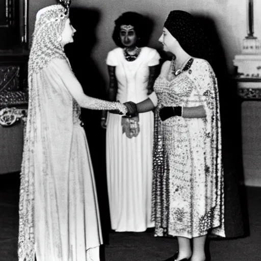 Prompt: detailed black and white photo of queen elizabeth ii meeting cleopatra in egypt