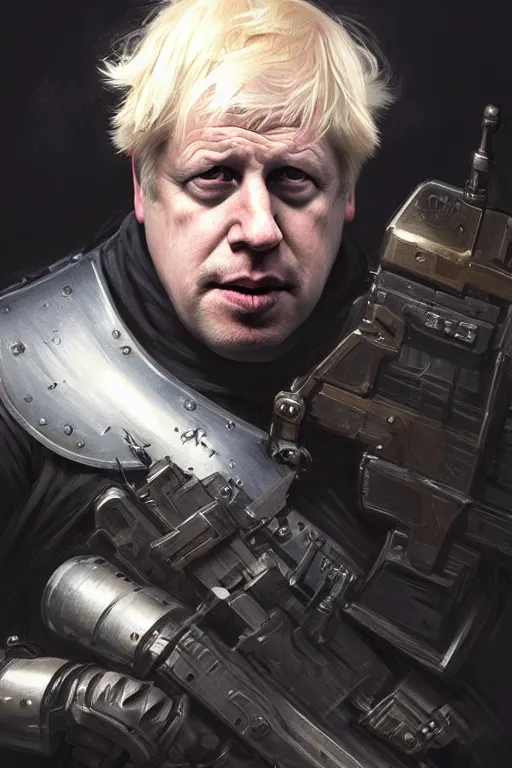 Image similar to Boris Johnson as Punisher, portrait, skull on the armor plate, highly detailed, digital painting, artstation, concept art, smooth, sharp focus, illustration, cinematic lighting, art by artgerm and greg rutkowski and alphonse mucha