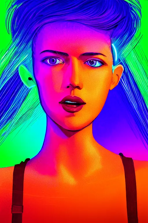 Image similar to a award winning half body portrait of a beautiful woman with stunning eyes in a croptop and cargo pants with rainbow colored ombre hairstyle head in motion and hair flying by thomas danthony, outlined by whirling illuminated neon lines, microphone, outrun, vaporware, shaded flat illustration, digital art, trending on artstation, highly detailed, fine detail, intricate