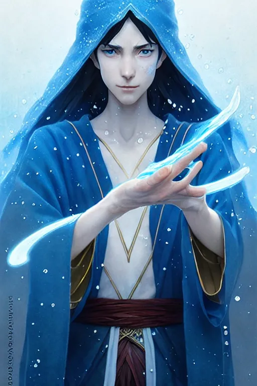 Image similar to elvish female sorcerer doing water magic spells, blue robes, red hair, finely detailed perfect face, exquisite details, mid view, design on a white background, by studio muti, greg rutkowski makoto shinkai takashi takeuchi studio ghibli