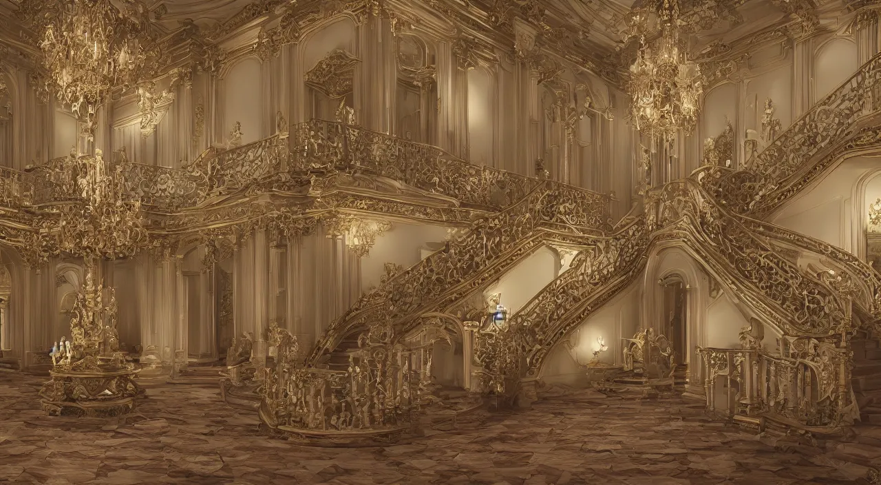 Prompt: a view of the inside of a mansion with a grand staircase in the center, intricate, elegant, highly detailed, ornate, beautifully lit, ray traced, octane render