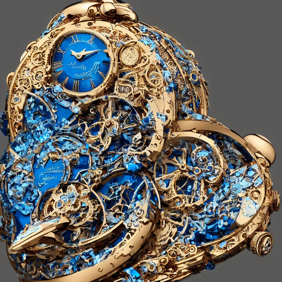 Image similar to a steampunk sleek, jewelled, tropical bird repeater watch by Jaquet Droz, highly detailed illustration highlights, gold and silver highlights, neon blue highlights, macro photography, F/2.8, trending on artstation, octane render