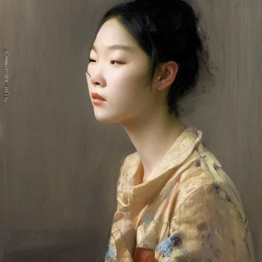 Prompt: a high fashion studio stunning backlit portrait of frowning korean girl, painting by gaston bussiere, craig mullins, j. c. leyendecker