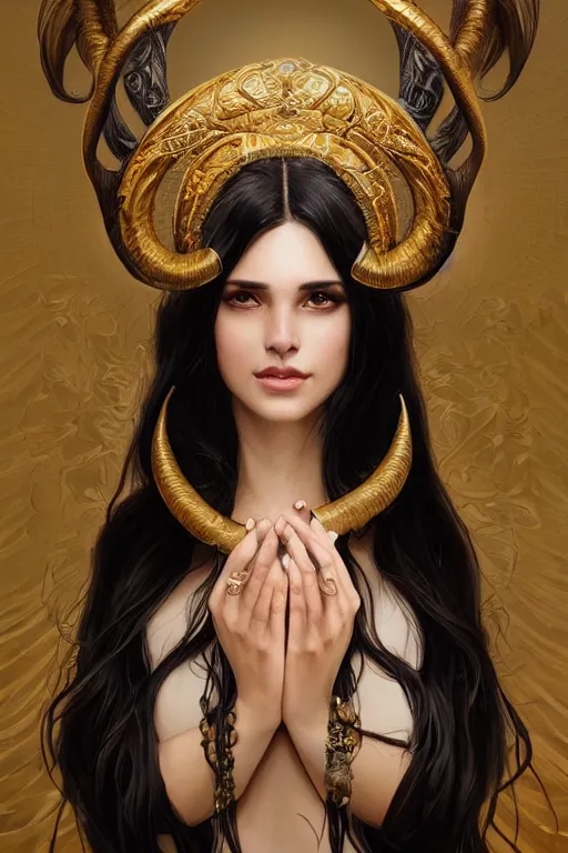 Image similar to a beautiful woman with long black hair, big symmetrical natural ram horns on her head, flowing dress, gold jewellery, dnd, face, fantasy, intricate, elegant, highly detailed, digital painting, artstation, concept art, smooth, sharp focus, illustration, art by artgerm and greg rutkowski and alphonse mucha