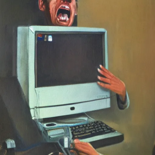 Image similar to an angry man screams at his computer monitor, oil on canvas, 1 9 6 7, highly detailed