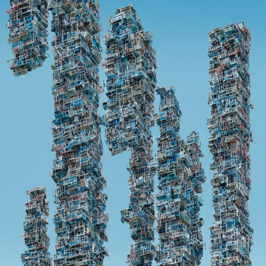 Image similar to close - up towers made up of colourful squatter housing, bleached colours, plain uniform light blue sky, dystopia, mamiya, very detailed, ultra sharp, photographed by john chiara