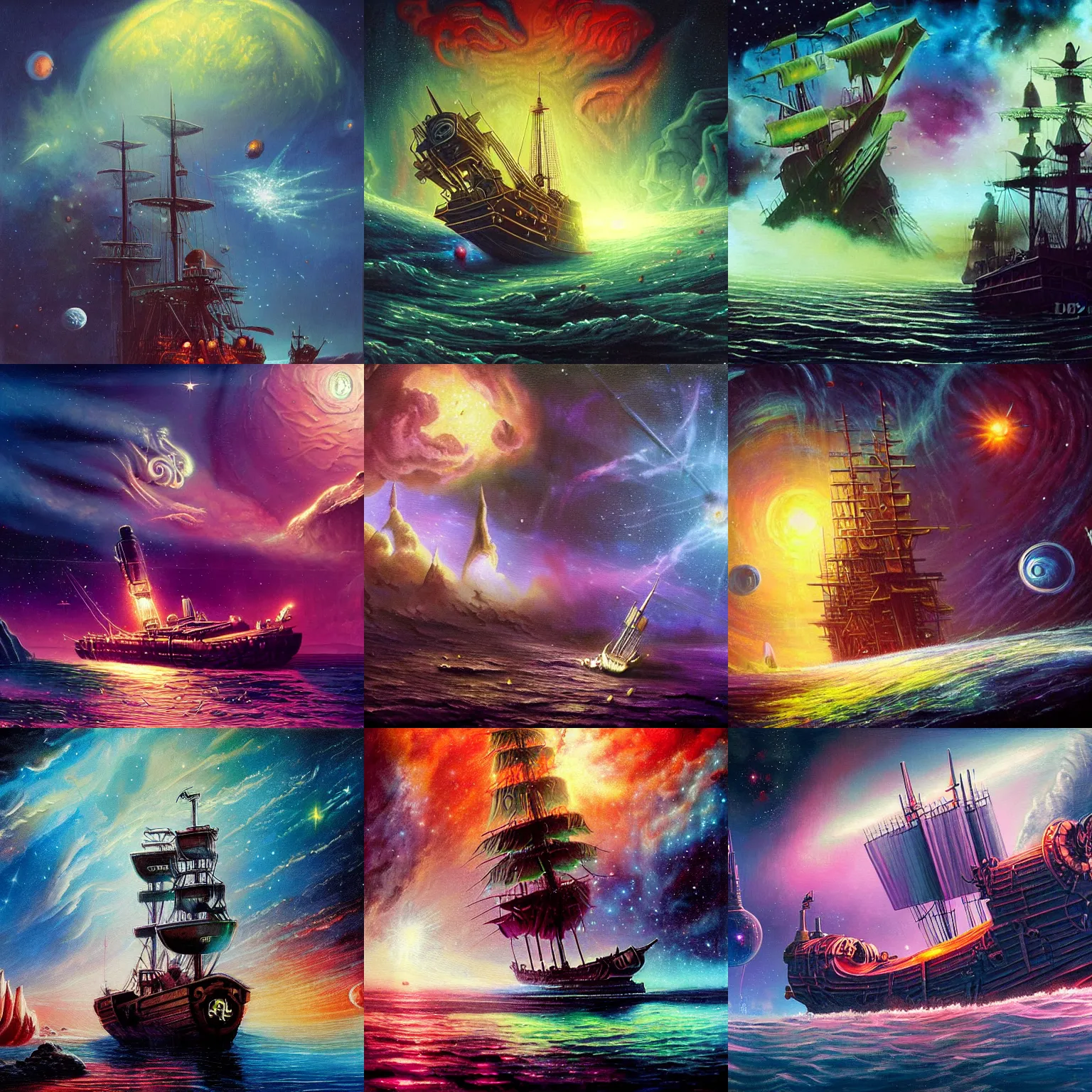 A Painting Of A Pirate Ship With Neon Rocket Engines Stable Diffusion 