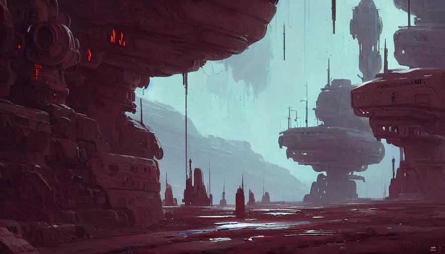 Prompt: mysterious alien outpost on a distant planet in style of greg rutkowski and ian mcque, very detailed, atmospheric, vivid, masterpiece, wide angle