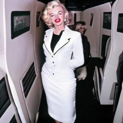 Image similar to DSLR 35mm film photography of young marilyn monroe, 1980s fashing, as a flight attendant in 1998